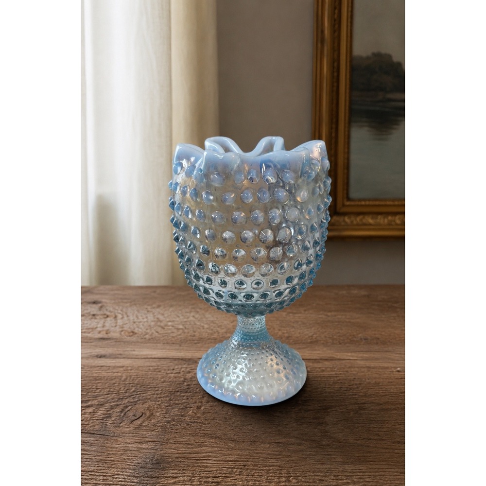 Vintage Duncan Miller Blue Opalescent Hobnail Footed Ivy Ball Vase